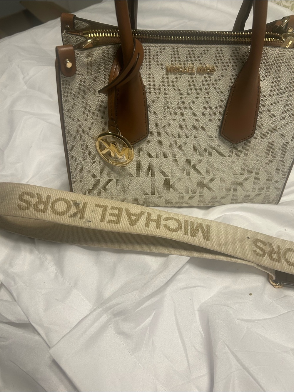 Michael Kors Beige Logo Tote with Brown Leather Trim
